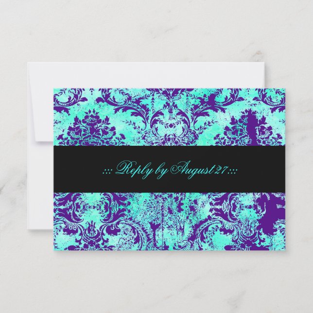 GC Vintage Turquoise & Purple Damask RSVP Card (Front)