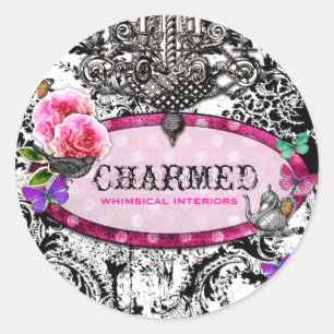 GC Whimsical Vintage Black White Classic Round Sticker