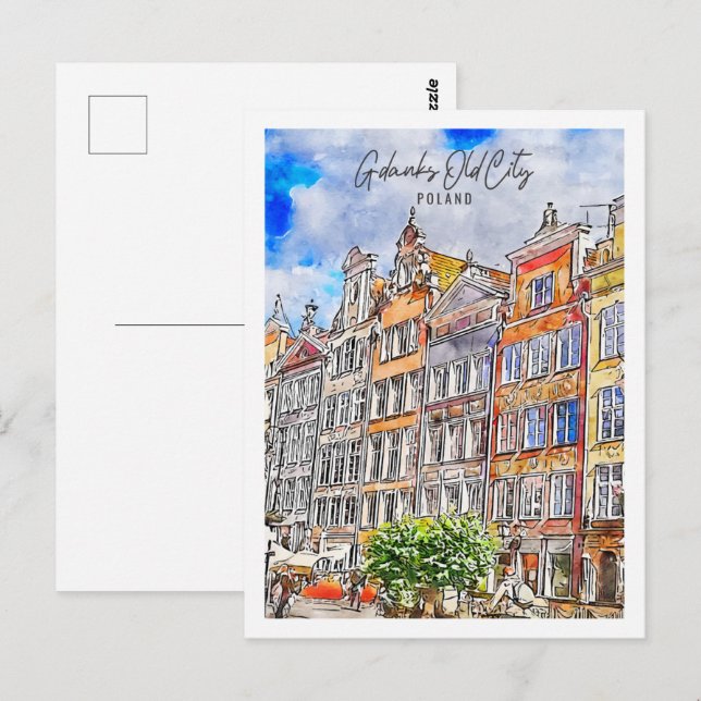 Gdanks Old City Poland Travel Place Watercolor Postcard (Front/Back)