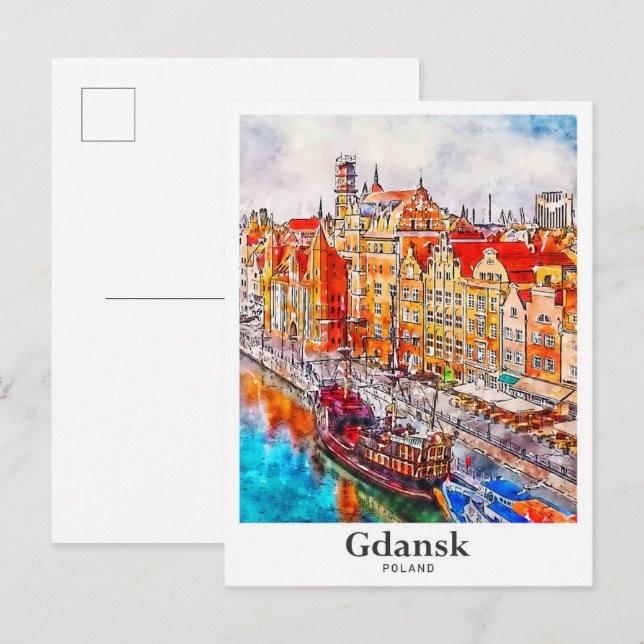 Gdansk Poland Travel Watercolor Hand Drawn Postcard (Front/Back)