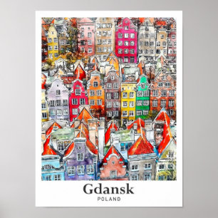 Gdansk Poland Travel Watercolor Sketch Hand Drawn Poster