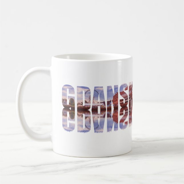 Gdansk text with old town view with reflection coffee mug (Left)
