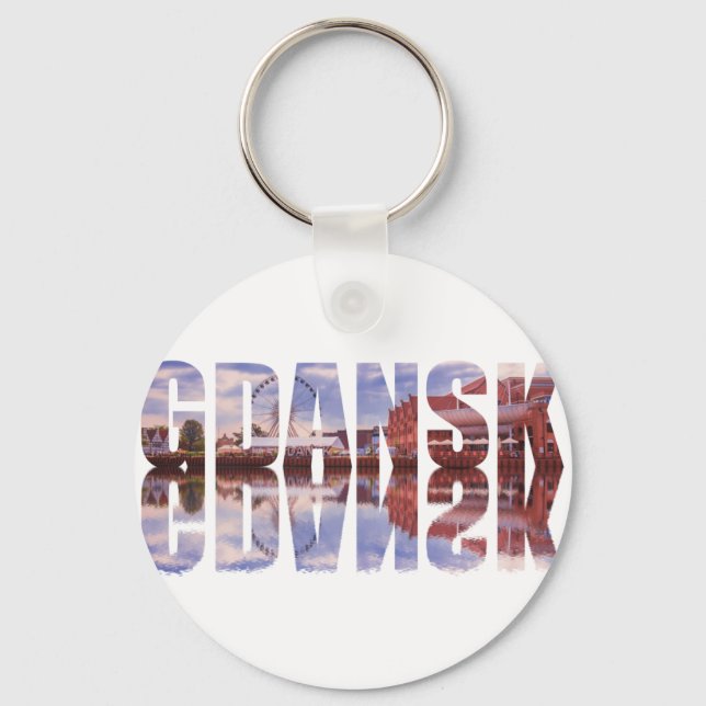 Gdansk text with old town view with reflection key ring (Front)