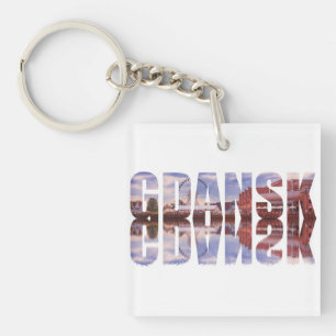 Gdansk text with old town view with reflection key ring