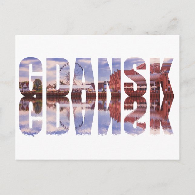 Gdansk text with old town view with reflection postcard (Front)