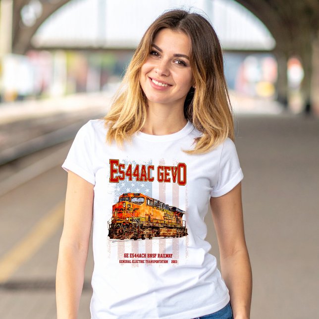 GE ES44AC GEVO Locomotive and American flag T-Shirt (Vintage GE ES44AC GEVO Diesel Locomotive. Womens Basic T-Shirt)