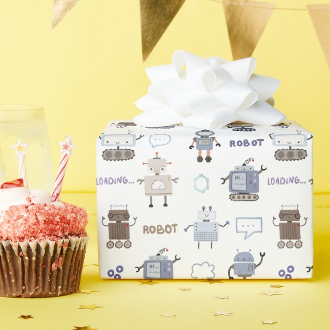 Gear Up for Fun Robot Kids Happy Birthday Wrapping Paper (Birthday Party)