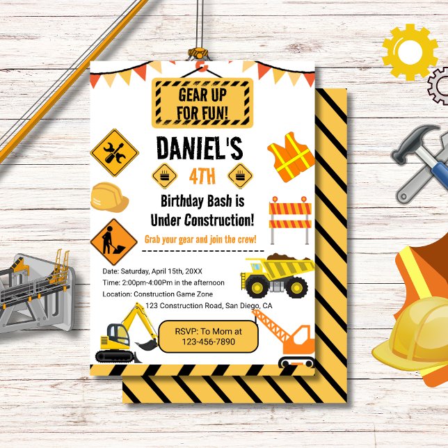 Gear Up Personalised Construction Theme Birthday  Invitation (Creator Uploaded)