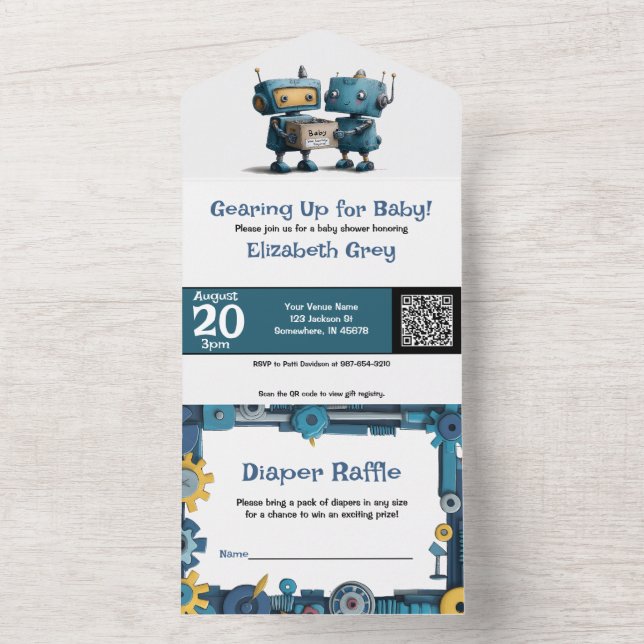 Gearing Up for Baby – Robot Baby Shower Invitation (Inside)