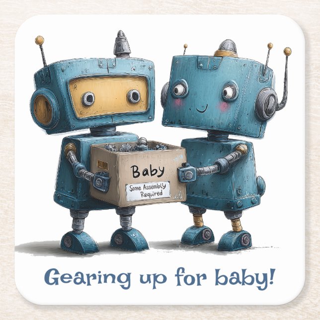 Gearing Up for Baby – Robot Baby Shower Square Paper Coaster (Front)