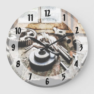 Gears and Wrenches in Machine Shop Large Clock