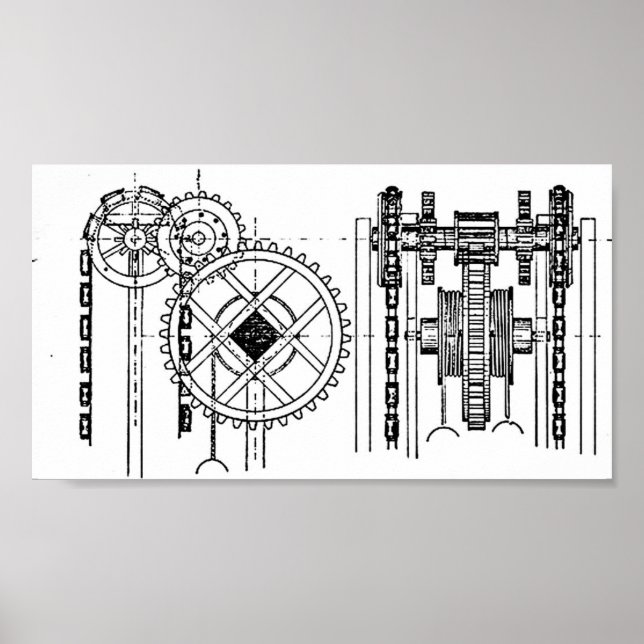 Gears Diagram Black and White Poster (Front)