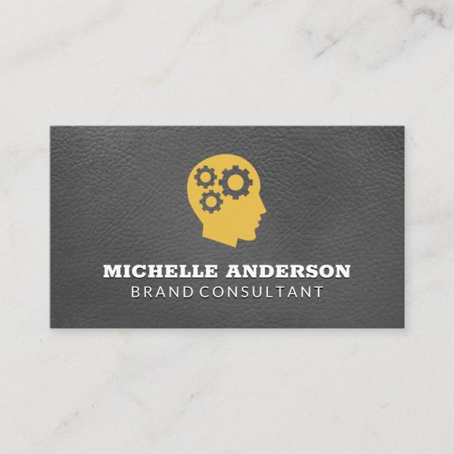 Gears in Head Icon | Elegant Leather Business Card (Front)