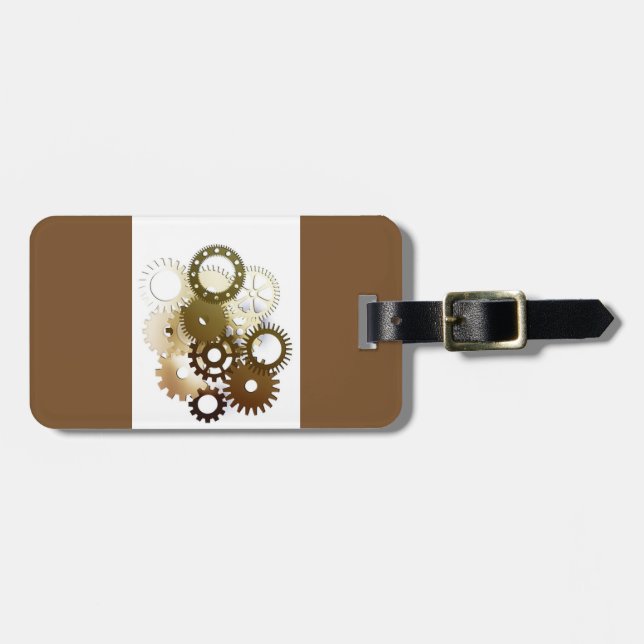 Gears Modern Brown Luggage Tag With Leather Strap (Front Horizontal)