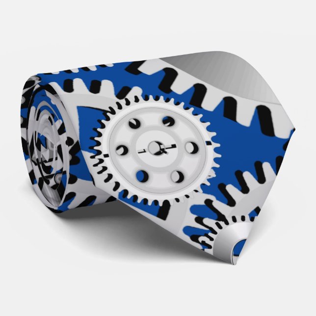 Gears Silver Blue Engineering Steampunk Mechanical Tie (Rolled)