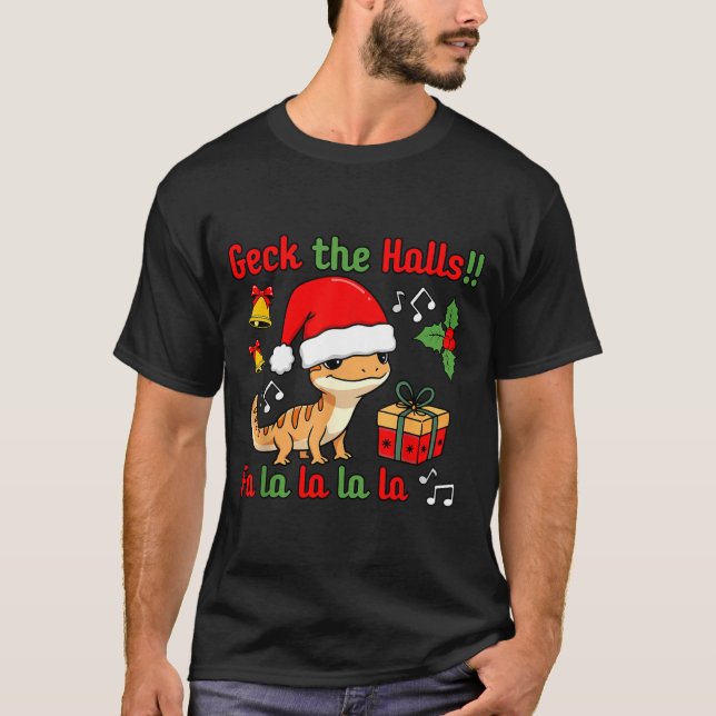Geck The Halls Leopard Gecko Christmas Pun Pet Own T-Shirt (Front)