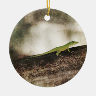 Gecko Green Cameleon Lizard on Brown Wood Branch Ceramic Tree Decoration