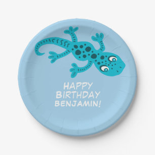 Gecko Lizard Blue Custom Name Kids Birthday Paper Plate