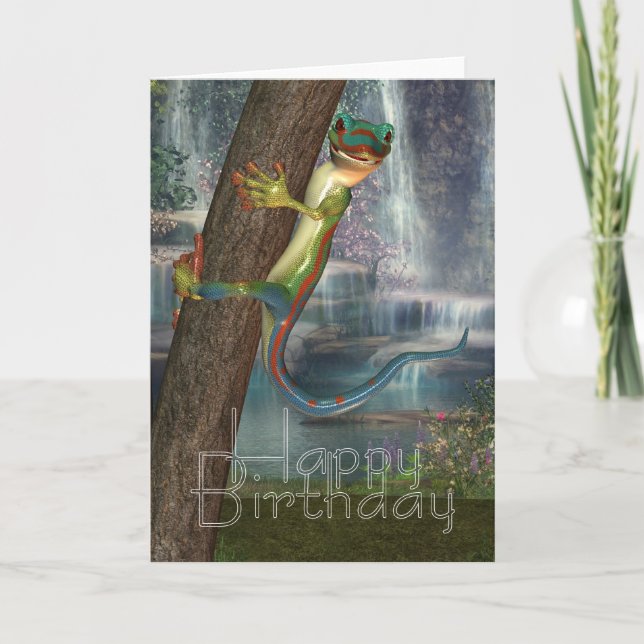 Gecko On A Tree Birthday Card (Front)