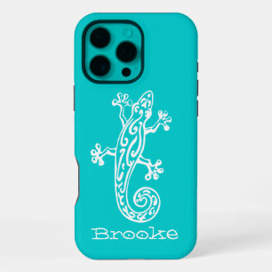 Gecko reptile white & aqua name iPhone 16 pro max case