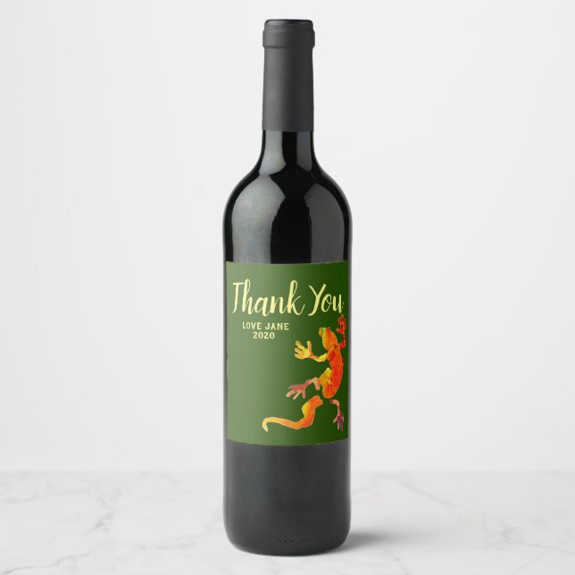 Gecko wildlife reptile modern thank you gift wine label (Front)
