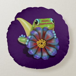 Gecko with Zinnia Flower Round Cushion