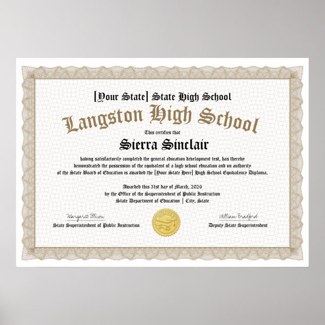 GED General High School Equivalency Diploma Copy Poster (Front)