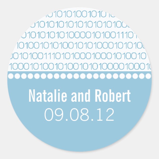 Geek Chic Binary Code Wedding Stickers, Blue Classic Round Sticker (Front)