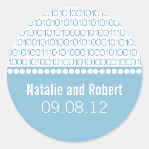 Geek Chic Binary Code Wedding Stickers, Blue Classic Round Sticker