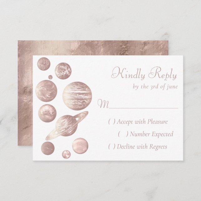 Geek Chic | Minimal Copper Rose Gold Planets RSVP Card (Front/Back)