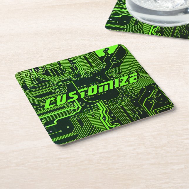 Geek Out Custom PCB Green Electronic Circuit Board Square Paper Coaster (Angled)