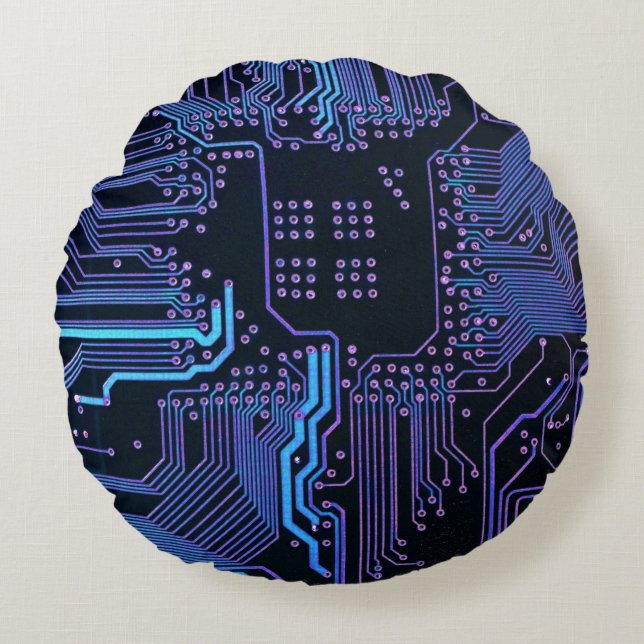 Geek Out Nerd PCB Blue Electronic Circuit Board  Round Cushion (Front)