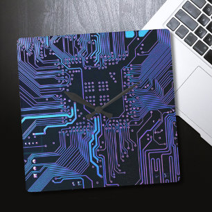 Geek Out Nerd PCB Blue Electronic Circuit Board Square Wall Clock