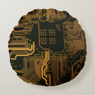 Geek Out Nerd PCB Orange Electronic Circuit Board  Round Cushion