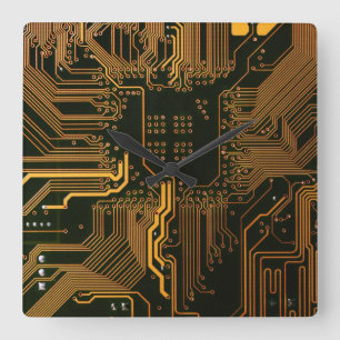 Geek Out Nerd PCB Orange Electronic Circuit Board  Square Wall Clock