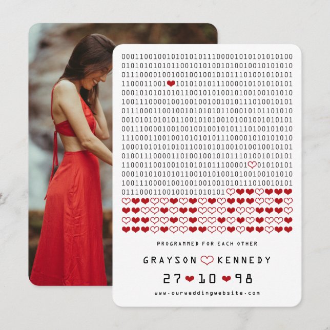 Geek Programmed For Love Simple Binary Code Photo Save The Date (Front/Back)