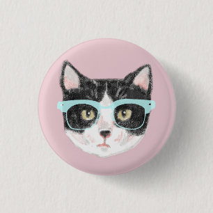 Geeky Black & White Hipster Cat Wearing Glasses 3 Cm Round Badge