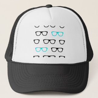 geeky blue glasses trucker hat