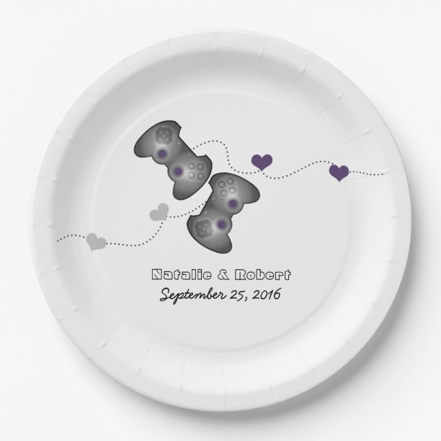 Geeky Gamers Wedding Paper Plates Silver Purple (Front)
