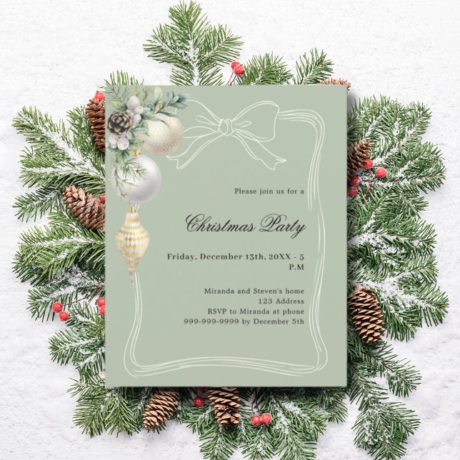 Geen gold baubles bow Christmas Party invitation (Creator Uploaded)