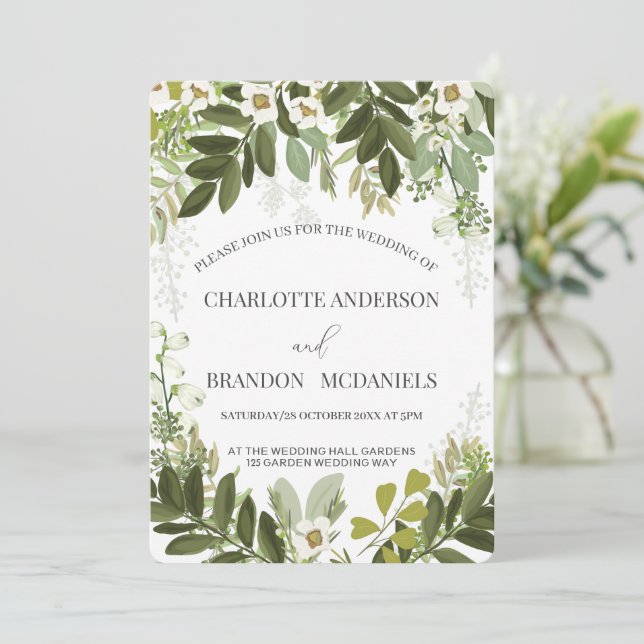  Geen Leaves Timeles Botanical Wedding Invitation (Standing Front)