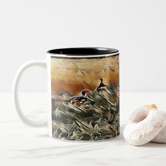 Geese and Duck Roam Art Two-Tone Coffee Mug (With Donut)