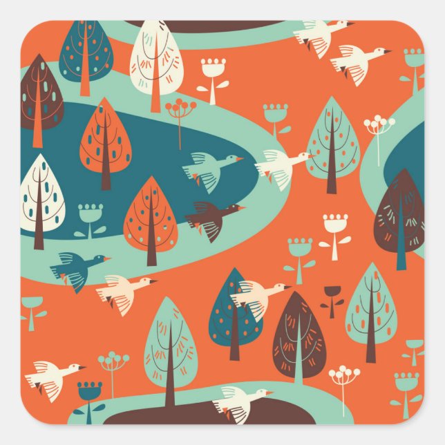 Geese Forest: Vintage Nature Scene Square Sticker (Front)