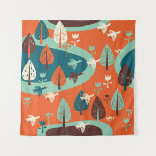 Geese Forest: Vintage Nature Scene Tapestry