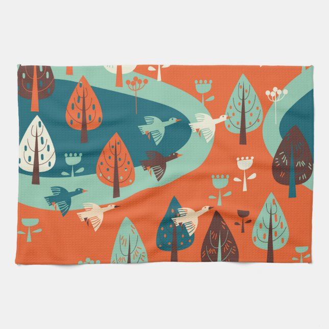 Geese Forest: Vintage Nature Scene Tea Towel (Horizontal)