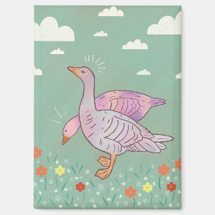 Geese Girls Whimsical Folk Art Goose Duo Magnet