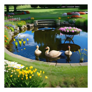 Geese in the Pond with Flowers and Grass Photo Print