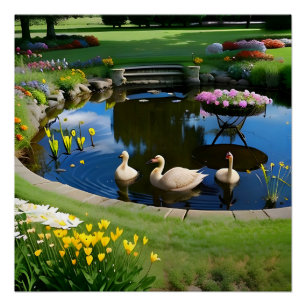 Geese in the Pond with Flowers and Grass Poster
