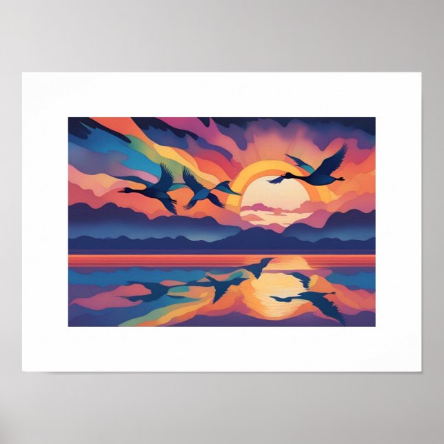 Geese Over Water at Sunrise Poster (Front)