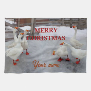 Geese white tea towel